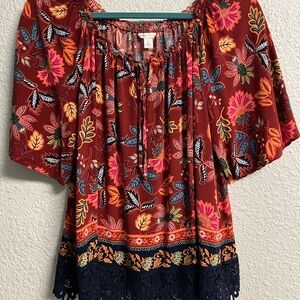 Cato Multicolor Bohemian Blouse with Lace Hem